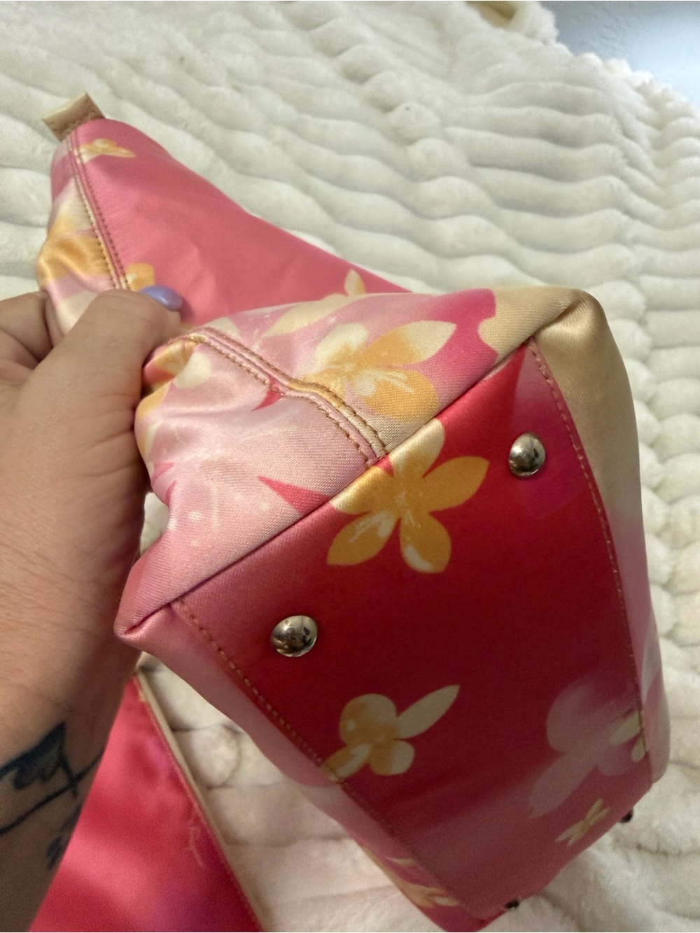Salvatore Ferragamo Pink and Cream Floral Tote with Matching Pouch - Picture 7 of 13